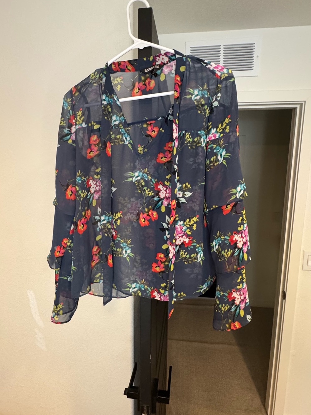 Express Navy Floral Sheer Blouse with Red and Pink Blooms